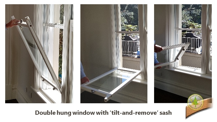 Double hung window with tilt-and-remove sash