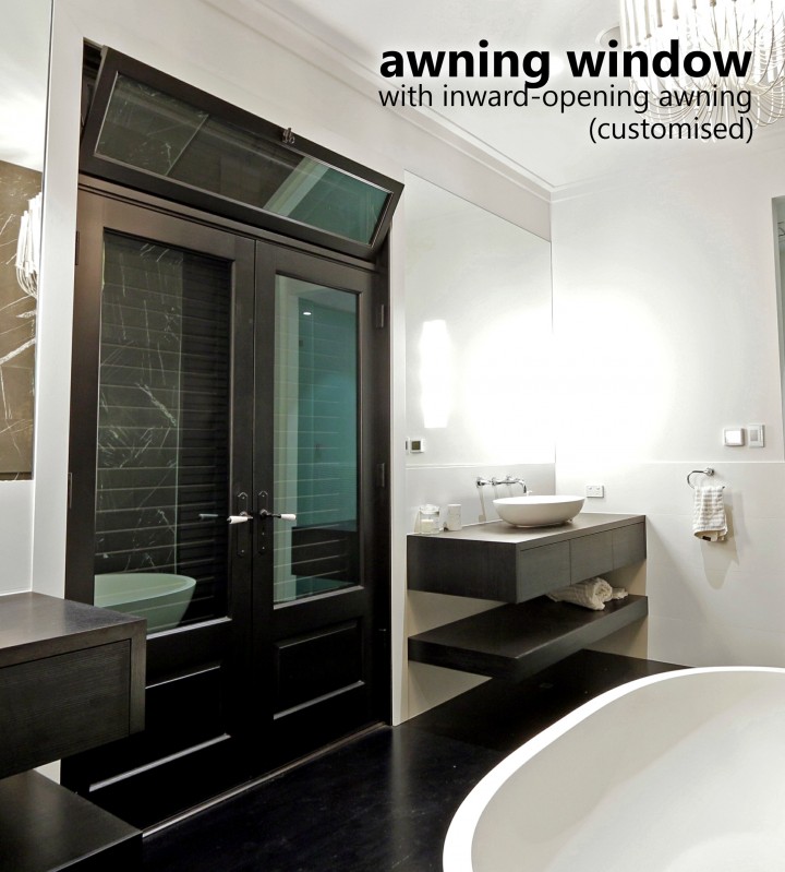 Awning window with customised inward opening awning