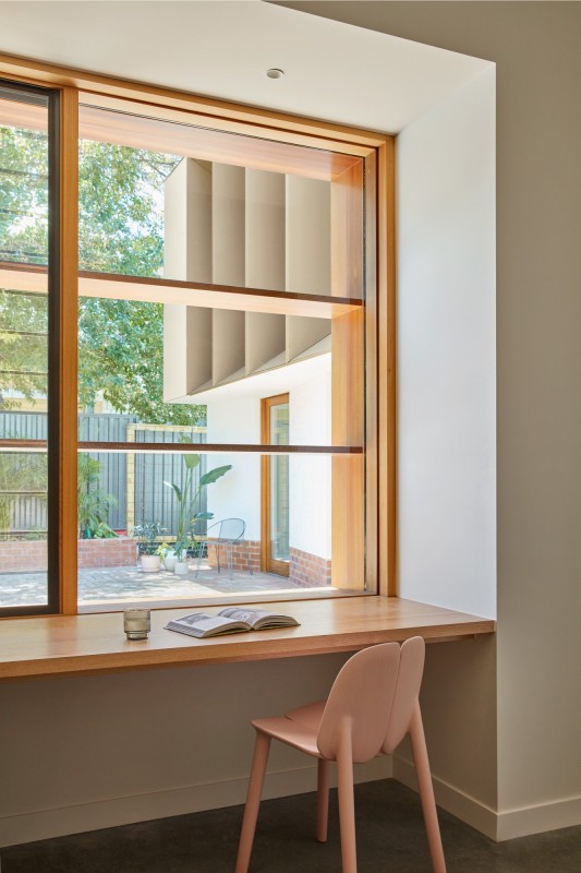 Fixed timber window louvres desk Cedar West