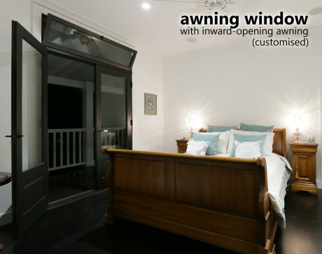 Awning window with customised inward opening awning painted black Cedar West