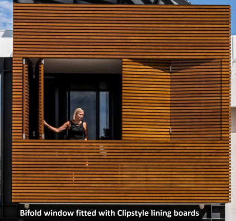 Bifold window clipstyle hit miss timber lining Cedar West