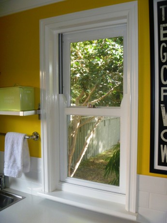 Double hung window timber painted white