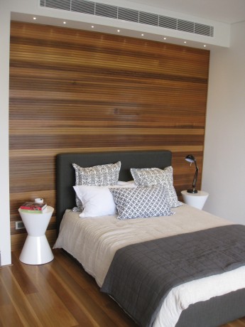 Squarestyle 81mm timber lining behind bed feature wall Cedar West