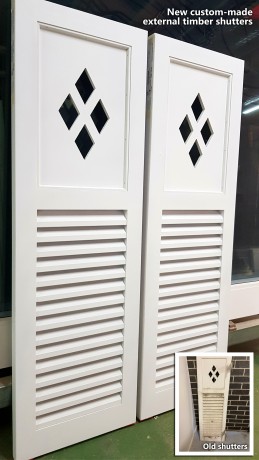 External timber shutters customised diamond pattern Cedar West