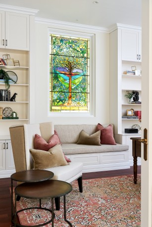 Timber window with custom stained glass Cedar West