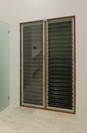 louvre window bathroom timber frame glass blades Cedar West